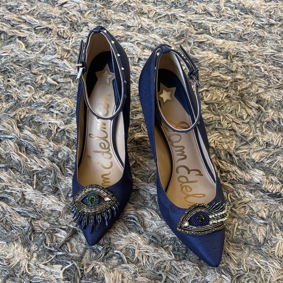 Sam Edelman Shoes - Sam Edelman Navy Beaded Pointed Toe Ankle Strap Heels Size 6 Limited Edition